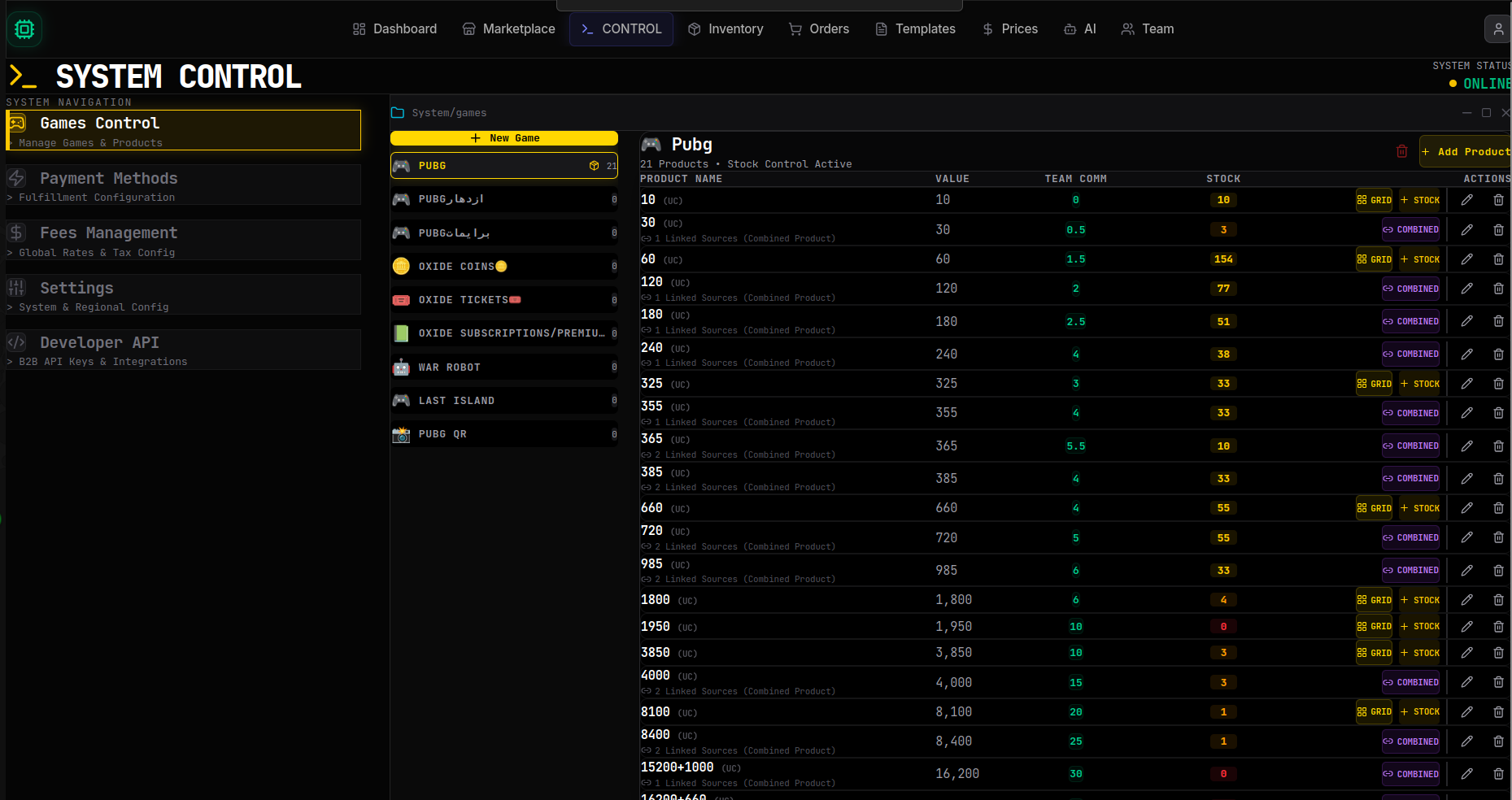 System control panel for managing products and settings